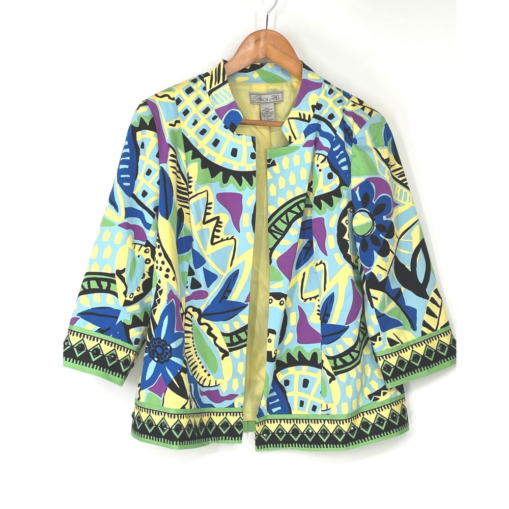 Birch Hill Womens Jacket L Open Front Blue Yellow Abstract Beaded Boho Artsy